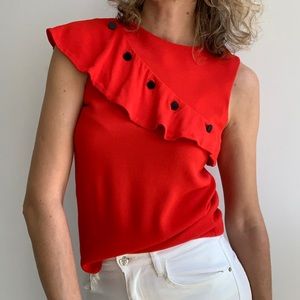 Maje Lorena Asymmetric-Ruffle Crepe Top Red, size 3 (small)